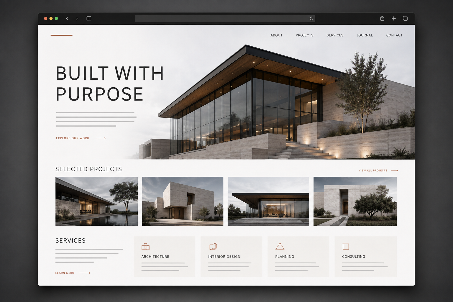 Architecture and professional services website design concept
